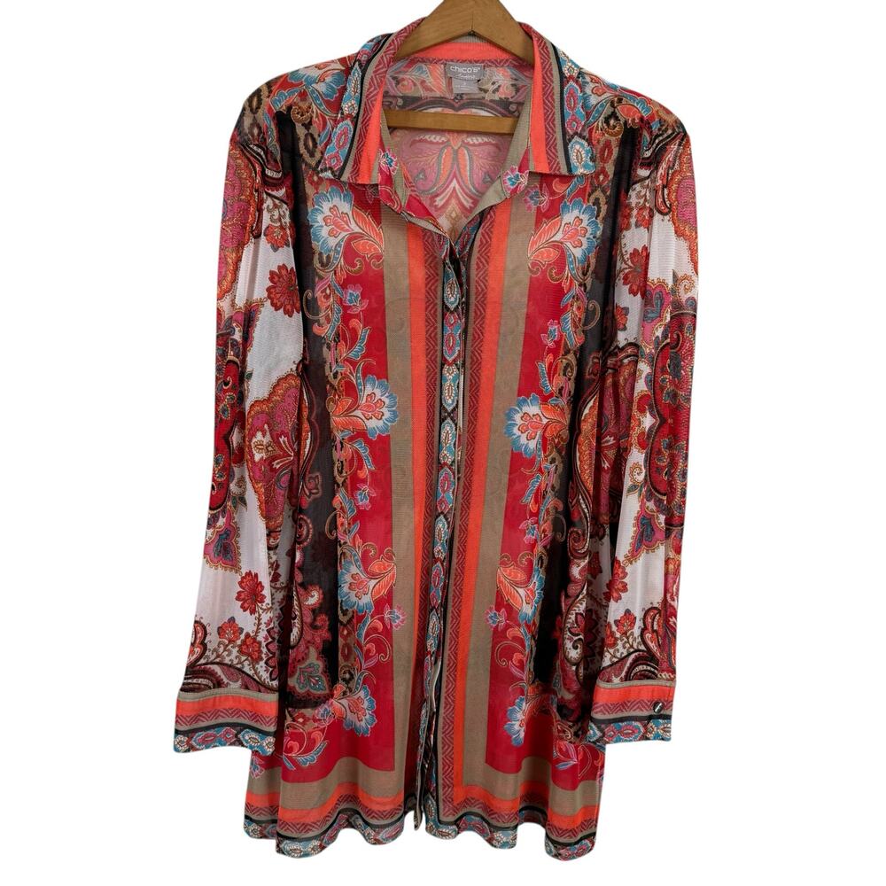 Chico's Travelers Sheer Mesh Top Sz 2 (US 12/14) Swim Coverup Hippie Boho Retro